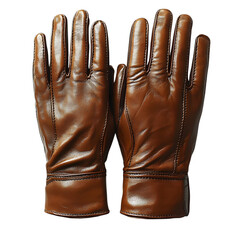 A pair of vintage brown leather gloves with a worn texture and detailed stitching displayed flat on a transparent background isolated on transparent background