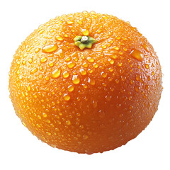 A single ripe orange fruit covered in tiny water droplets glistening and reflecting light isolated on transparent background