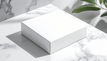 A plain white box sits on a marble surface with plant shadows.