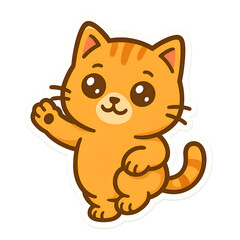 Cute cartoon orange tabby cat waving hello with a friendly gesture.