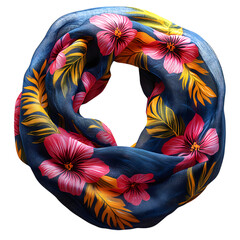 Vibrant tropical floral infinity scarf with colorful hibiscus flowers and palm leaves in a dark blue background isolated on transparent background