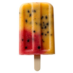 A vibrant and refreshing fruit popsicle made with mango and strawberry featuring visible seeds and a delightful layered texture isolated on transparent background
