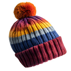 A vibrant hand knitted winter beanie hat with a fluffy pom pom on top featuring bold stripes of red orange yellow blue and purple isolated on transparent background
