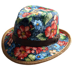 Vibrant floral print fedora hat with woven brim and dark ribbon band isolated on transparent background
