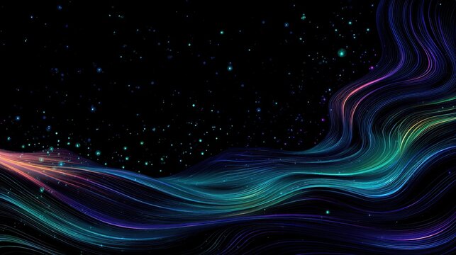 A flowing wave of vibrant colors curves across a dark backdrop speckled with tiny, sparkling dots