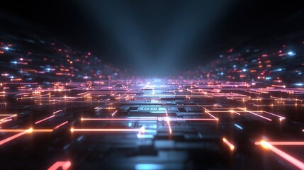 Futuristic digital landscape features glowing lines and dots, suggesting data flow, with a central light