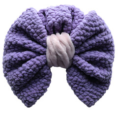 Close up of a soft textured lavender crocheted bow with a light pink textured center detail isolated on transparent background