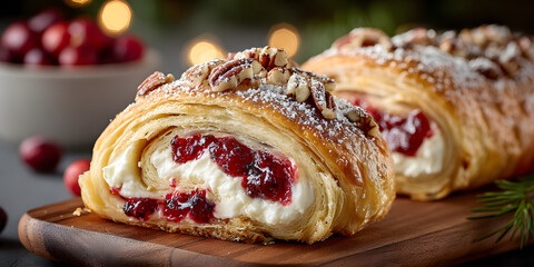 Cranberry pastry delight: a delectable pastry roll, swirled with a creamy filling and vibrant cranberries, crowned with a sprinkle of powdered sugar and pecan, artfully arranged on a wooden board