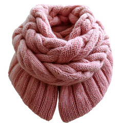 A cozy and warm chunky knit infinity scarf in a soft rose pink color with a cable knit pattern isolated on transparent background