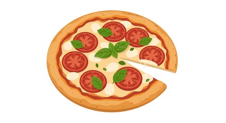 Overhead view of a stylized pizza with sliced tomatoes, mozzarella, and basil leaves, flat design.