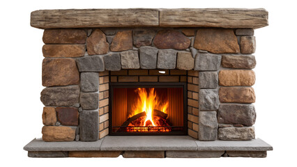 Isolated on transparent background, a stone fireplace with a roaring fire