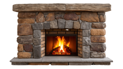 Isolated on transparent background, a stone fireplace with a roaring fire