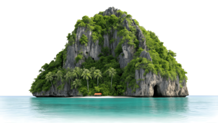 Lush tropical island with vibrant greenery and turquoise water isolated on transparent background