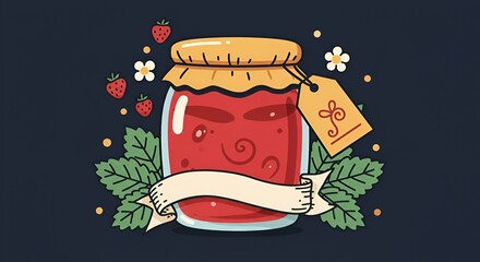 Stylized illustration of jar filled with red jam, adorned with strawberries and leaves.