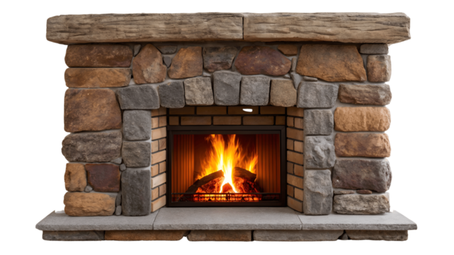 Isolated on transparent background, a stone fireplace with a roaring fire - Powered by Adobe