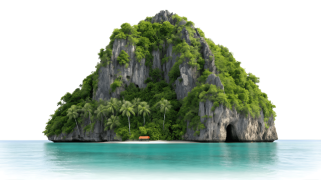 Lush tropical island with vibrant greenery and turquoise water isolated on transparent background