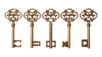 Five antique keys isolated on transparent background in a row