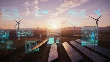 Smart Renewable Energy Grid with Wind Turbines and Solar Panels at Sunset, Augmented Reality Display - Powered by Adobe