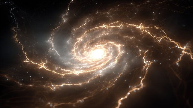 A cosmic spiral galaxy with a bright core and sparking energy, resembling a fiery celestial dance