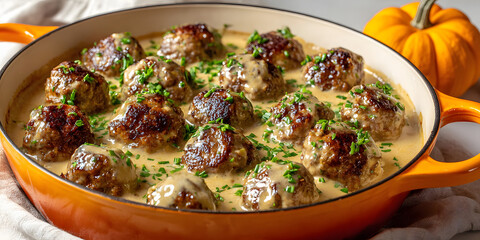 Savory Meatball Delight: A close-up shot showcases a collection of perfectly cooked meatballs submerged in a creamy, flavorful sauce, garnished with fresh herbs, inviting a culinary journey.
