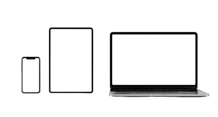 Three digital devices with blank white screens are displayed side-by-side against a black background