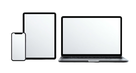 Grouped technological devices including a laptop, tablet, and mobile phone against black background