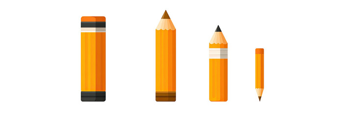 Illustration showcases four stylized pencils, ranging in size, with varying states of use, against a black background