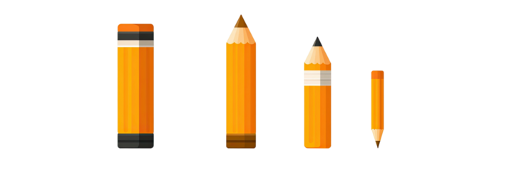 Illustration showcases four stylized pencils, ranging in size, with varying states of use, against a black background