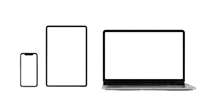 Three digital devices with blank white screens are displayed side-by-side against a black background