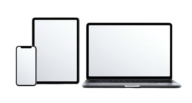 Grouped technological devices including a laptop, tablet, and mobile phone against black background