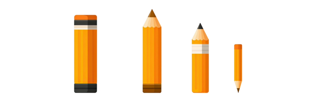 Illustration showcases four stylized pencils, ranging in size, with varying states of use, against a black background