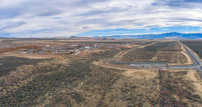 Aerial View of an open pit Lithium Mine located at Thacker Pass in the Nevada Desert, Lithium is an essential element for the production of batteries used in Electric Cars.