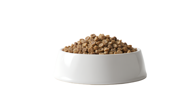 Bowl of dry pet food on a white background