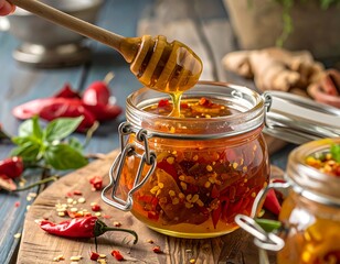 Honey drizzled from wooden dipper onto chili pepper mixture