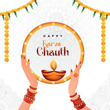 A traditional Karva Chauth illustration showing decorated female hands holding the pooja sieve (channi) to view the moon, with a lit diya, bangles, and marigold garlands.