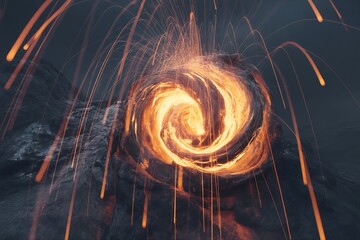 Stunning vortex of fire and sparks illuminating dark rock formation, ideal for fantasy or sci-fi projects