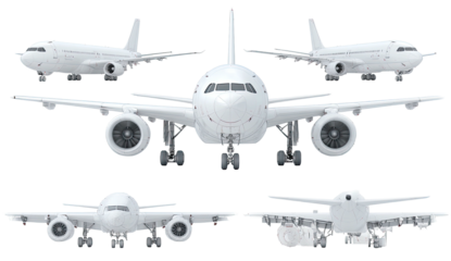 Multiple views of a passenger jet, rendered in white, set against a stark black background