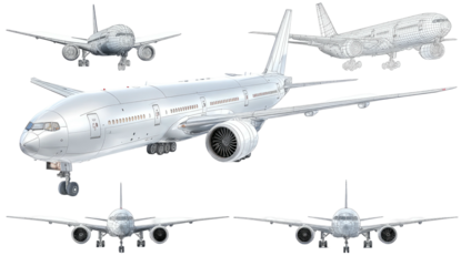 Rendered collection of jet airliner views, featuring detailed wings and engines on a black background