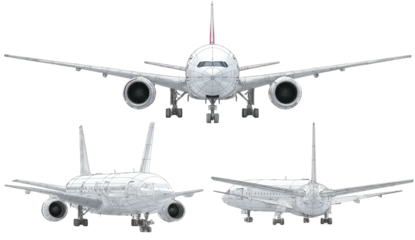 Three perspectives of a large, modern passenger aircraft, rendered in a line-drawing style