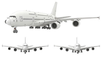 A white illustration of a large passenger aircraft in three perspectives