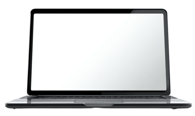 A modern computer with a blank white screen, set against a stark black backdrop