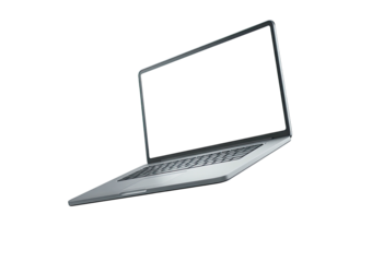A digital graphic rendering a metallic, opened portable computer with a darkened display, isolated