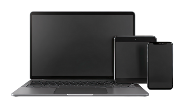 Three modern electronic devices a laptop, tablet, and smartphone, presented on a black background - Powered by Adobe