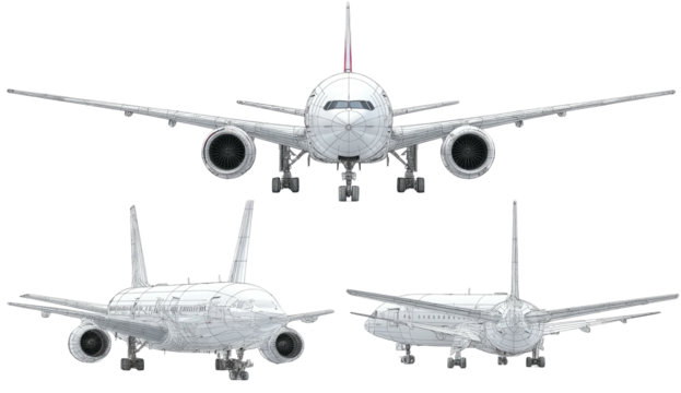 Three perspectives of a large, modern passenger aircraft, rendered in a line-drawing style