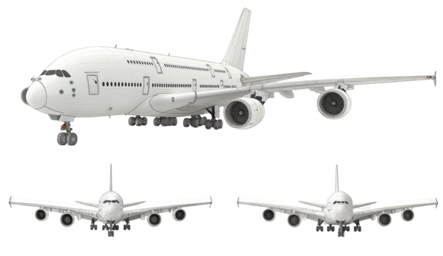 A white illustration of a large passenger aircraft in three perspectives - Powered by Adobe
