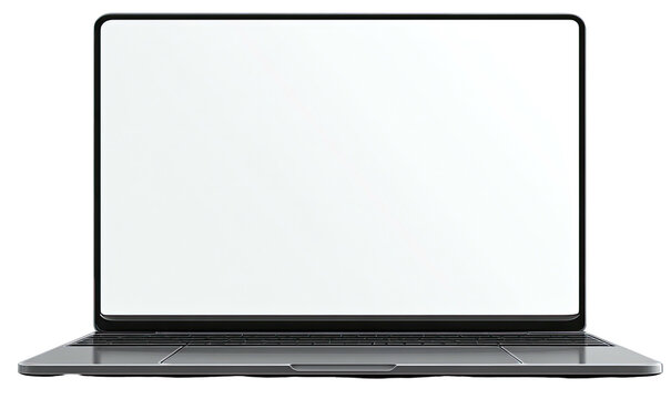 Front view of a modern laptop computer with an open, bright white display screen