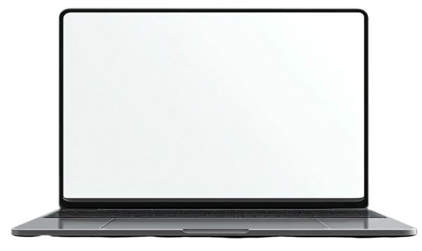 Front view of a modern laptop computer with an open, bright white display screen