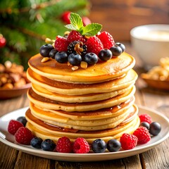 Stack of Pancakes with Berries and Syrup, Holiday Feast