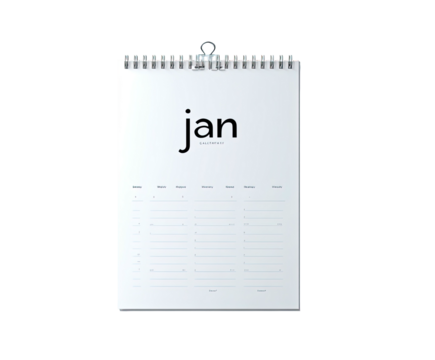 A minimalist, wire-bound wall calendar page, showing January, ready for notes