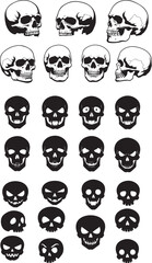 Vector set of spooky skull icons in various styles and expressions, perfect for Halloween designs, horror themes, decorations, and creepy artwork.